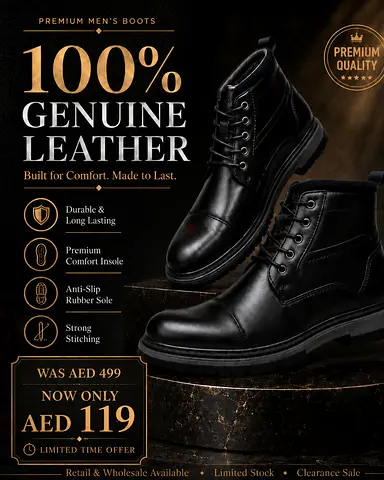 Genuine Leather Men's Boots - Black, Size Available