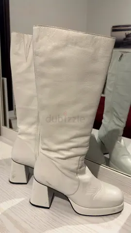 White Leather Knee High Heeled Boots