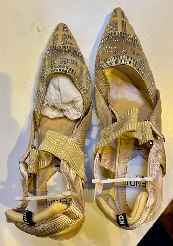 New Beige Fendi Embellished Pointed Heels