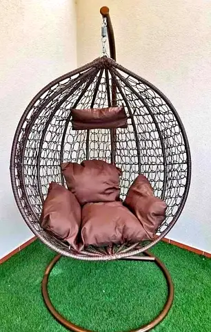 Brown Wicker Egg Hanging Chair with Stand and Cushions