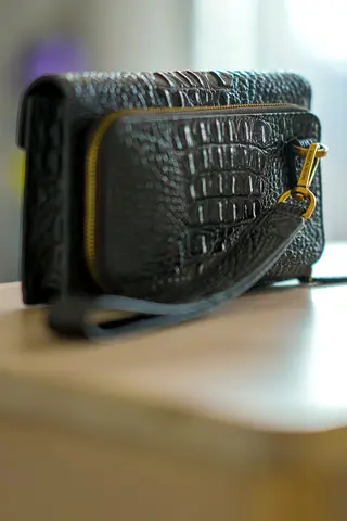 Black Croc-Embossed Leather Wristlet/Clutch with Gold Hardware