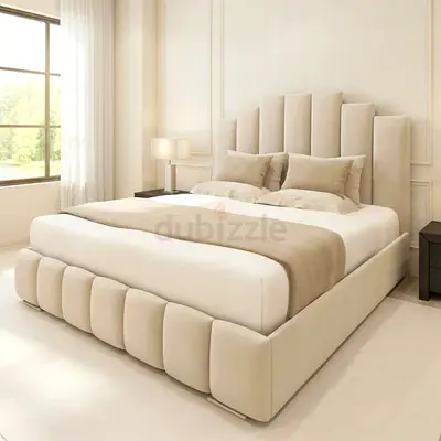Upholstered King Size Bed with Padded Headboard - Beige