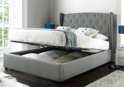 Grey Upholstered Storage Bed with Wingback Headboard - Queen/Double