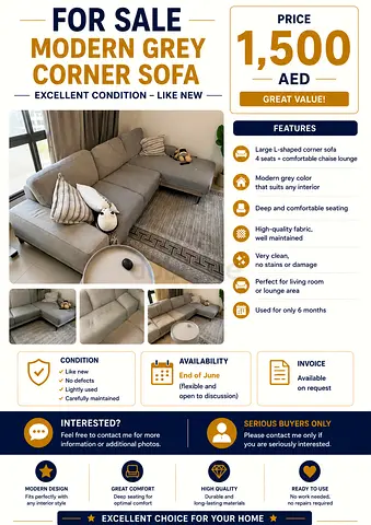 Modern Grey L-Shaped Corner Sofa - Like New, 4 Seater