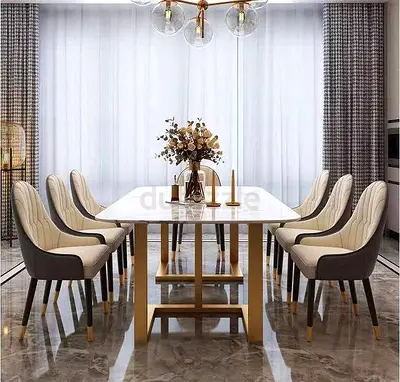 Modern 8-Seater Marble Top Dining Table with Upholstered Chairs