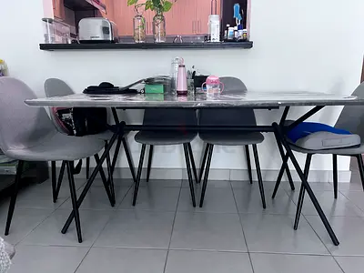 Modern dining table with 6 chairs (used)