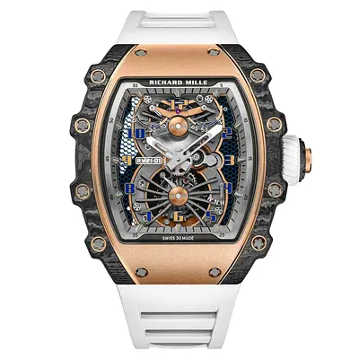 This is a Richard Mille RM 21-01 Tourbillon Aerodyne with a carbon TPT case and rose gold bezel.Case