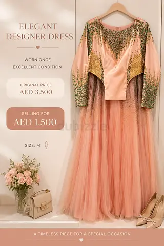 Elegant Peach Designer Gown with Sequin Detail - Size M