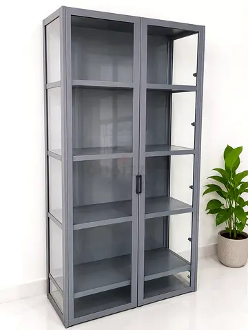 Grey metal and glass display cabinet with double doors - good condition