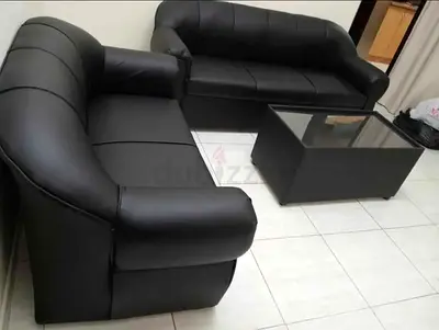 New Black 2-Seater and 3-Seater Faux Regxin Sofa Set with Glass Coffee Table
