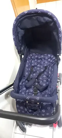 Navy Blue Pram Stroller with Reclining Seat and Canopy - Good Condition