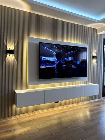 Modern wall-mounted entertainment unit with LED backlight