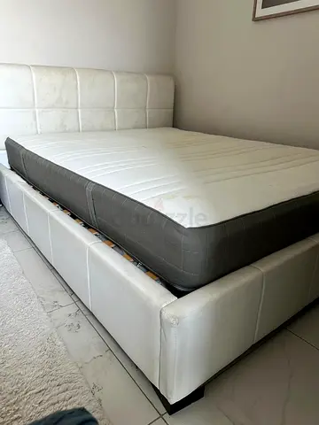 Queen-size upholstered bed frame with mattress (white) - v. good condition