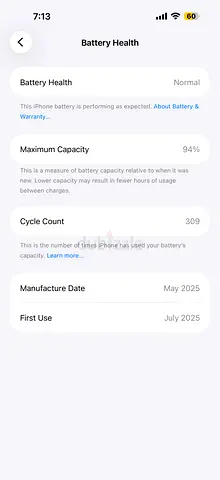 iPhone with 94% Battery Health (Cycle Count 309) - Ready to Use