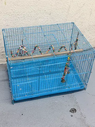 Blue metal bird cage with perches and toys - good condition