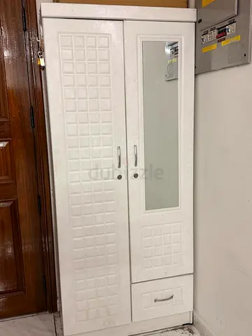 White 2-Door Wardrobe with Mirror and Bottom Drawer - Good Condition