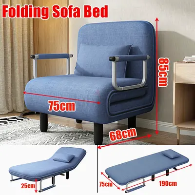 NEW 100CM Folding Sofa Bed with Armrests and Pillow - Blue