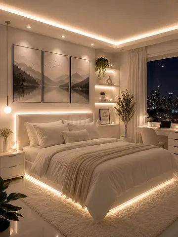 Customised Modern White Bed Frame with Integrated LED Lighting