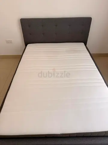 Double Bed Frame with Headboard and Mattress - Grey, Nearly New Condition