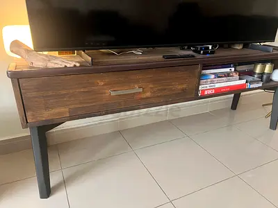 Solid Wood TV Console / Entertainment Unit with Drawer - Dark Walnut - Mid-Century Modern Wooden