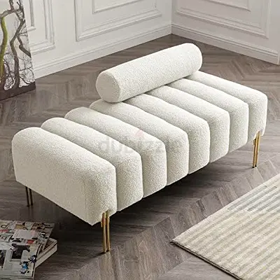Modern Bouclé Upholstered Bench with Gold Legs - Cream