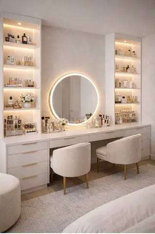 Modern built-in vanity with illuminated shelving and round LED mirror
