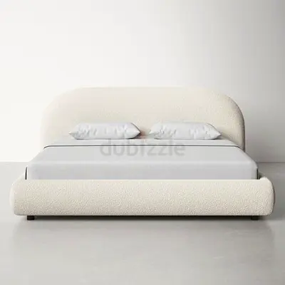 Modern Curved Upholstered Double Bed - Cream Bouclé