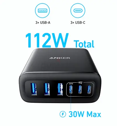 Anker 112W 6-Port USB Charging Station (3×USB-A, 3×USB-C) - Black