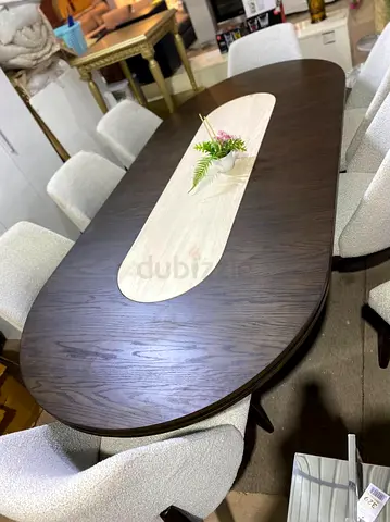 Modern Oval Wooden Dining Table with Center Inlay - Seats 8
