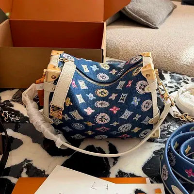 Designer-style Replica Denim Barrel Bag with White Leather Trim