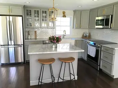 Modern Grey kitchen island with marble top and storage cabinet