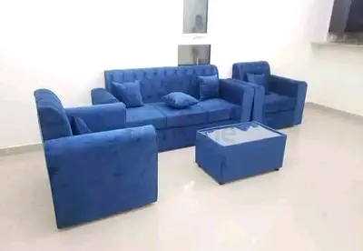 Blue Velvet 4-Seater Sofa Set with Ottoman - Good Condition