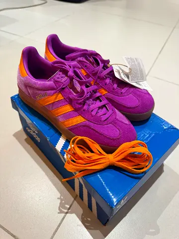 Purple Adidas Samba-style sneakers with orange accents, new with tags unisex size UK 4.5 EU 37.5
