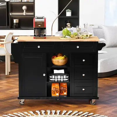 Kitchen Island Cart Modern Console Table Buffet Table with 5 Drawers and 5 Smooth Wheels