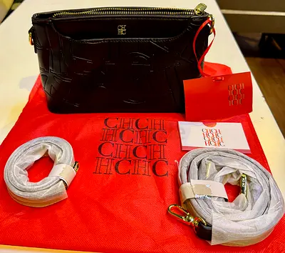 Carolina Herrera Black Leather Logo Crossbody Bag with Straps - New