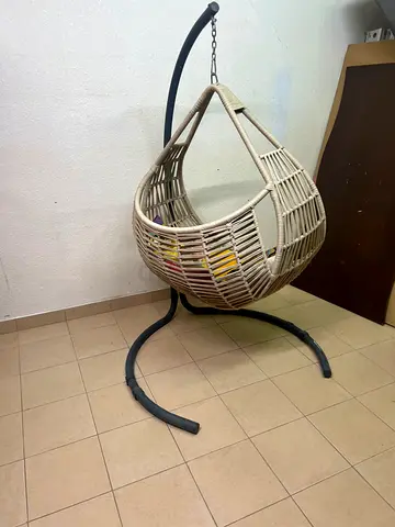 Wicker Hanging Egg Chair with Stand - Beige Rattan Swing
