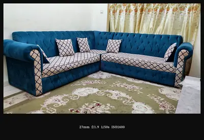 L-shaped Blue Velvet Corner Sofa - 6 Seater, Good Condition