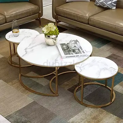 Set of 3 Marble-Top Nesting Coffee Tables with Gold Bases