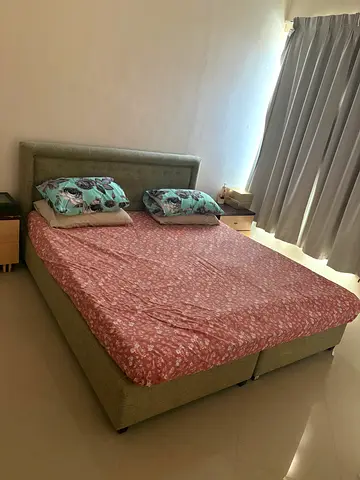 Queen-size upholstered bed frame with headboard - good condition