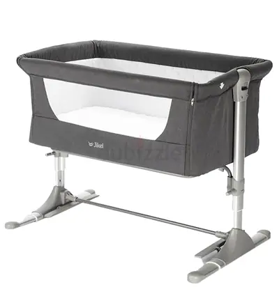 Jikel Grey bedside bassinet / co-sleeper crib - adjustable height, mesh sides, with all accessories