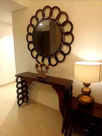 Dark Wood Console Table with Decorative Round Mirror - Set