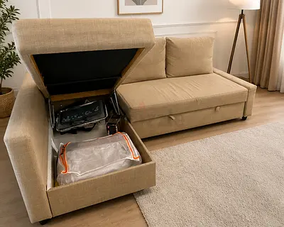 Beige L-shaped Storage Sofa Bed with Pull-out Section