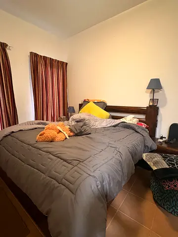 King size wooden bed frame with mattress and bedding - good condition URGENT SALE!!