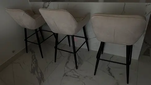 Set of 3 Bar Stools with Upholstered Beige Seats and Black Legs
