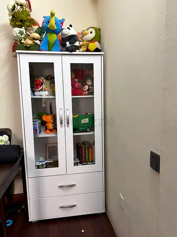Glass-front Toy Display Cabinet with Shelves and Drawers