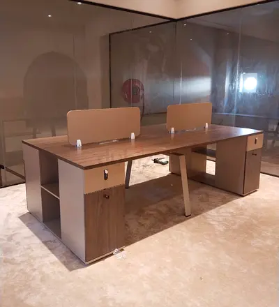 4-Seat Office Workstation Desk with Storage and Dividers - Light Oak