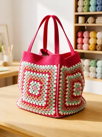 Handcrafted Crochet Tote Bag - Pink Floral Square Design