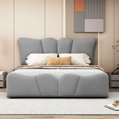 Modern Upholstered King Size Bed with Curved Headboard - Light Grey