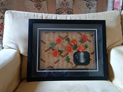 Framed Floral Art on Woven Background - Ready to Hang