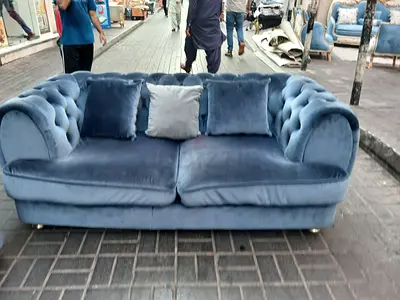 Blue Velvet 3+2 Seater Chesterfield Sofa - Good Condition